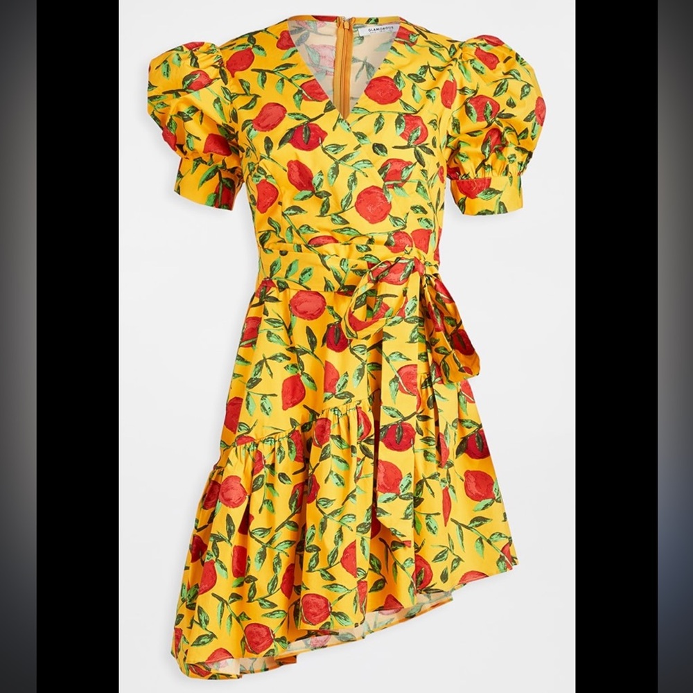 Glamorous Fruit Wrap Ruffle Asymmetrical Hem Puff Sleeve Midi Dress NEW NWT